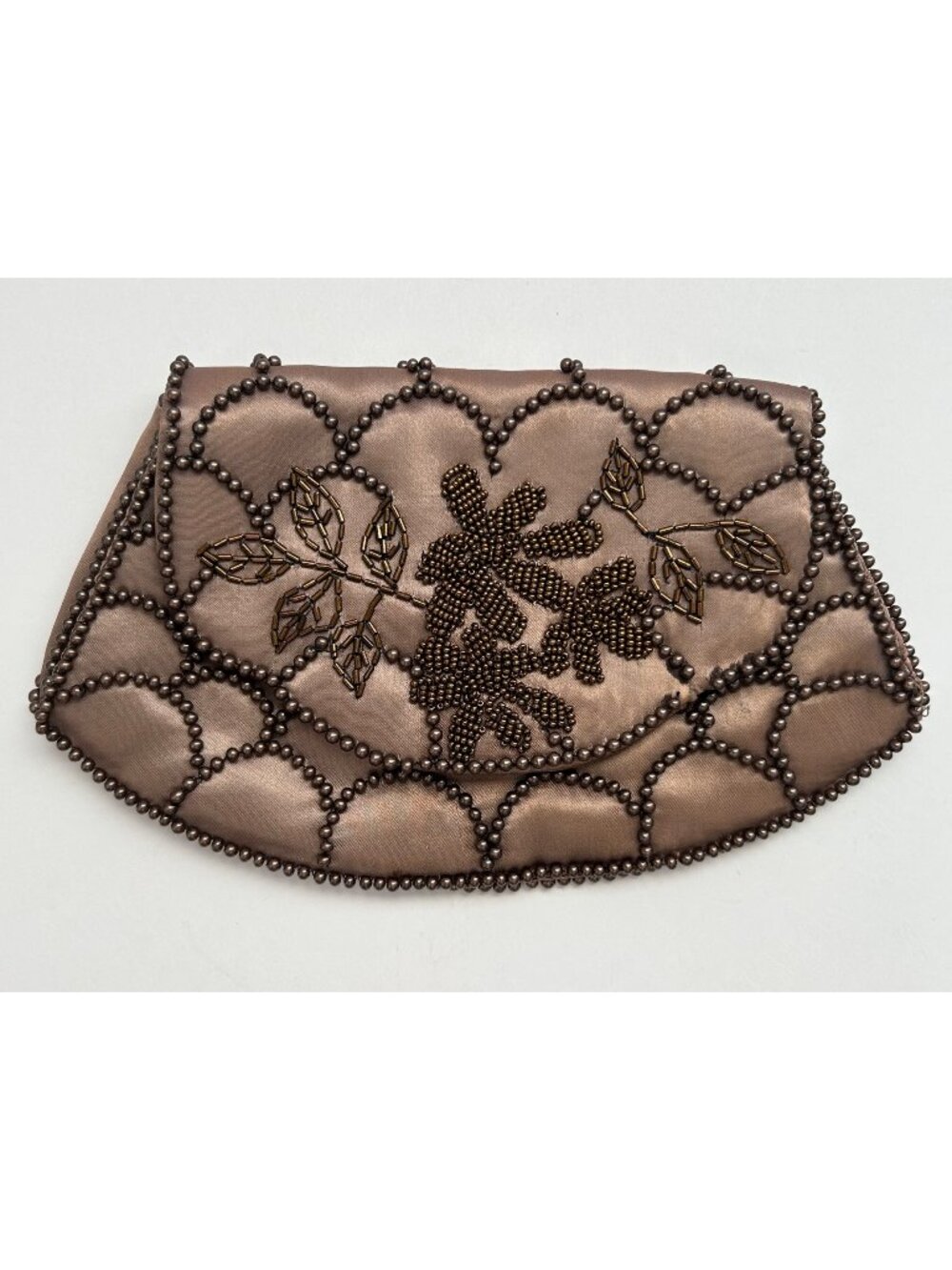 Vintage Brown Satin Beaded Clutch w/ Floral Motif Design
